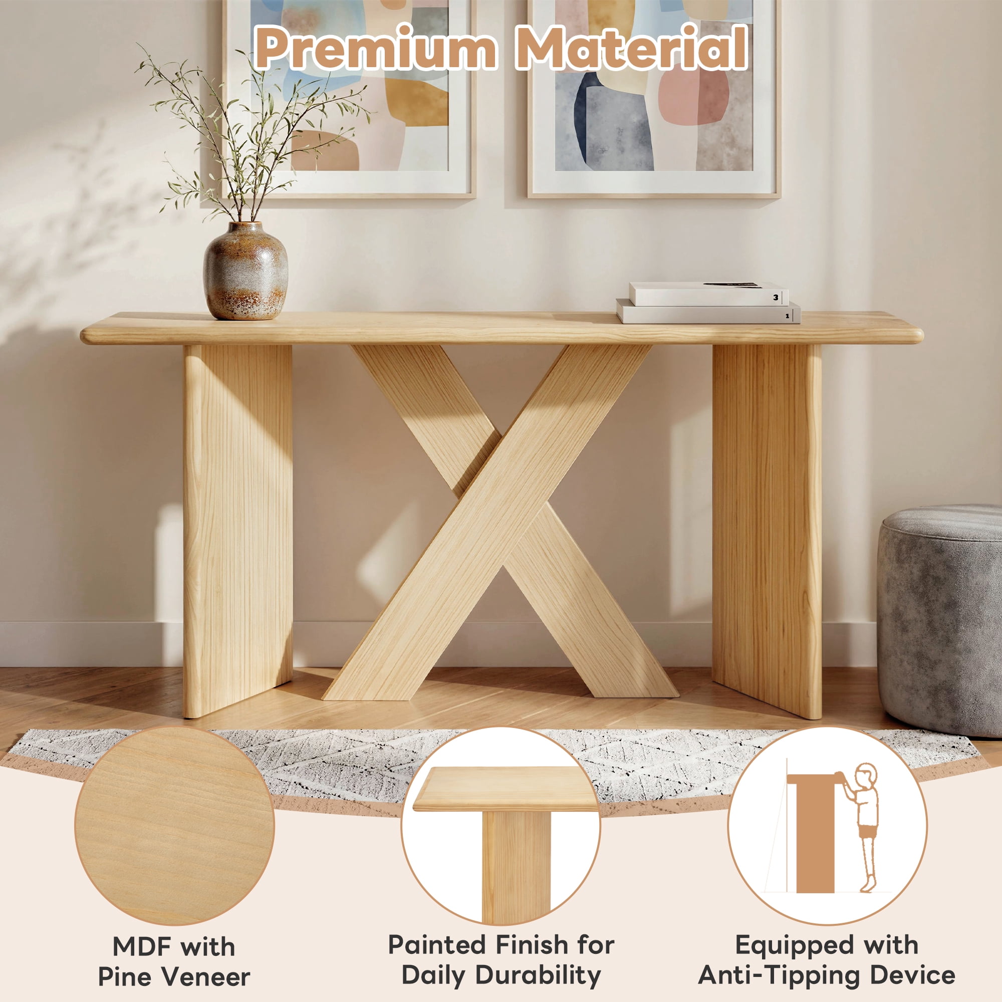 Mintazer 60.2" Modern Minimalist Console Table, Entryway Table with X-Cross Legs & Rounded Tabletop, Anti-Tip Design Sofa Table for Living Room Hallway Foyer, Natural