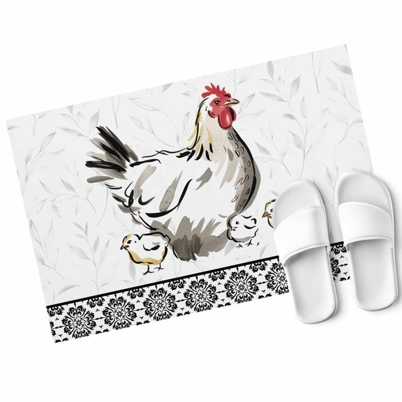 Rooster Hen Door Mat Chicken Farm Animal Rustic Black Floral Non Slip Absorbent Entrance Mat Washable Low Profile Indoor Doormat for Front Door Entryway Entry 16"x24"