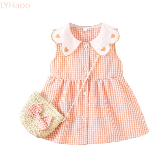 LYHaoo Little Girl Collar Pattern Dress Sleeveless Sun Skirt Plaid Dress Thin Skirt With Bag,Little Girls Dresses Sizes 18-24 Months Orange