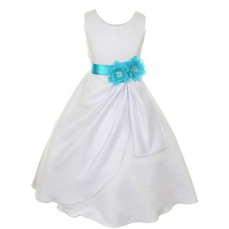 - Big Girls White Turquoise Bridal Dull Satin Sequin Flowers Occasion Dress 12
