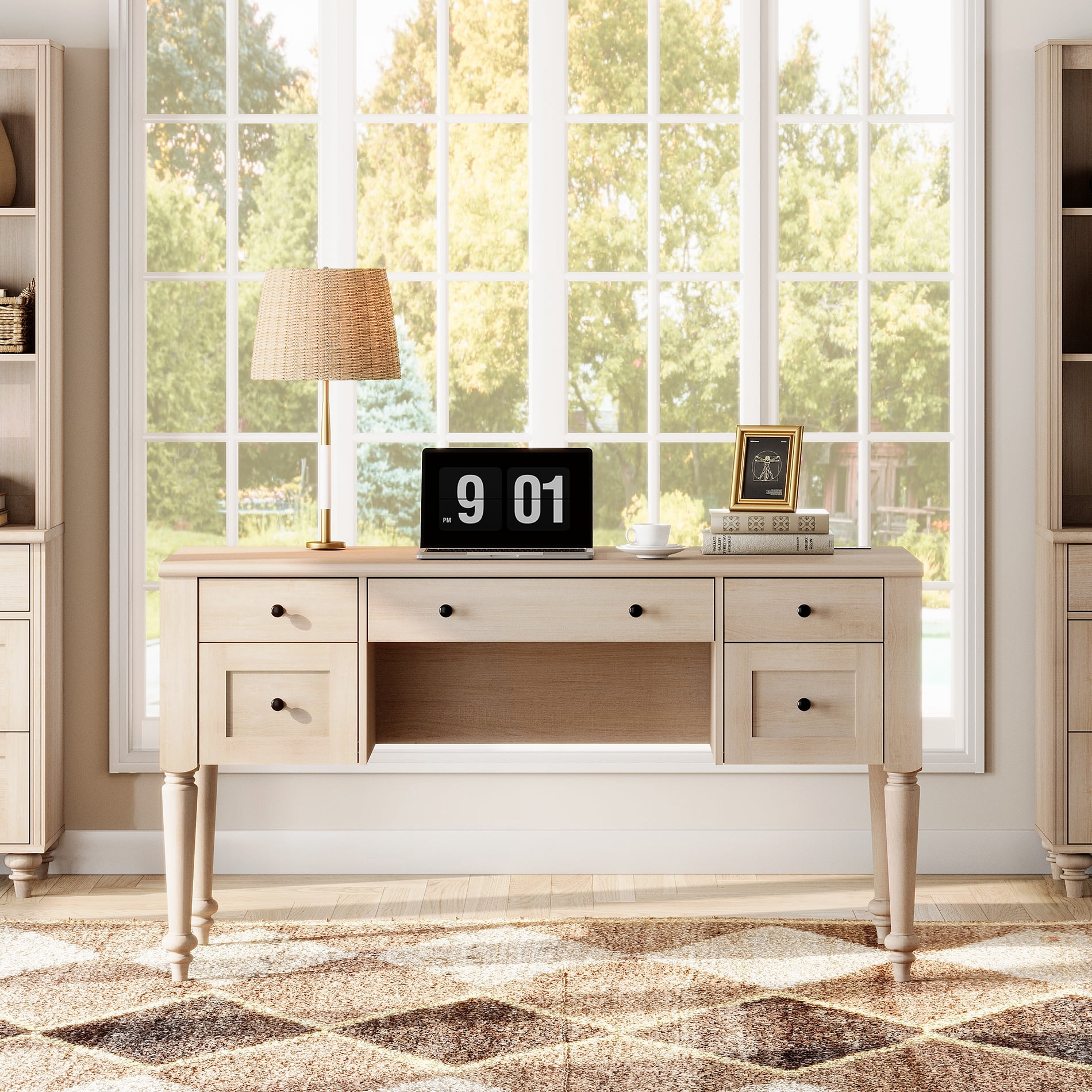 Farmhouse Executive Desk with 5 Drawers, Home Office Desk with Charging Station, Wood Computer Desk with File Cabinet Storage, Door, Open Shelf for Work and Study, 55 inch, Beige