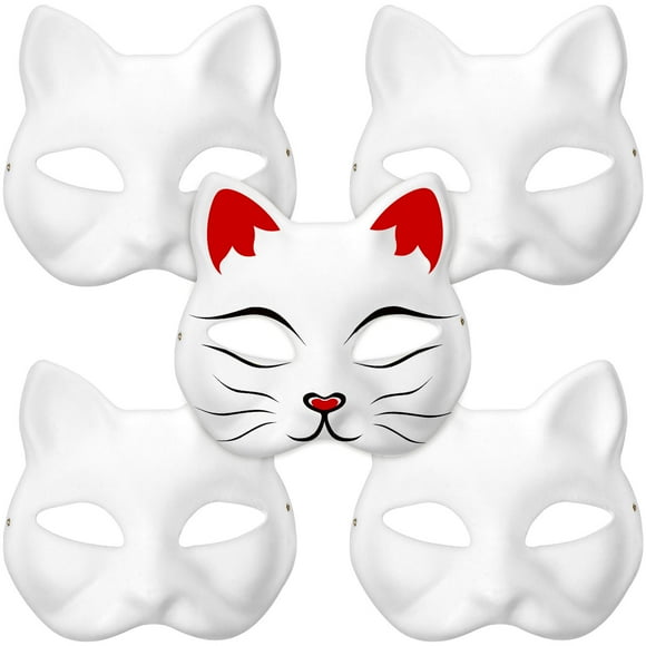 USHOBE 5Pcs White Paper Cat Masks Blank Hand Painted Elastic Band Party Cosplay Accessories