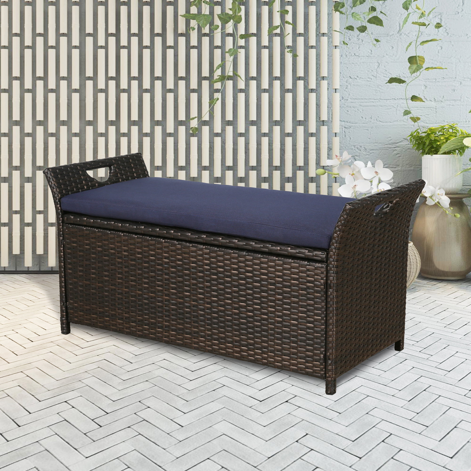 Ulax Furniture Patio Wicker Storage Box, Outdoor Rattan Storage Bench