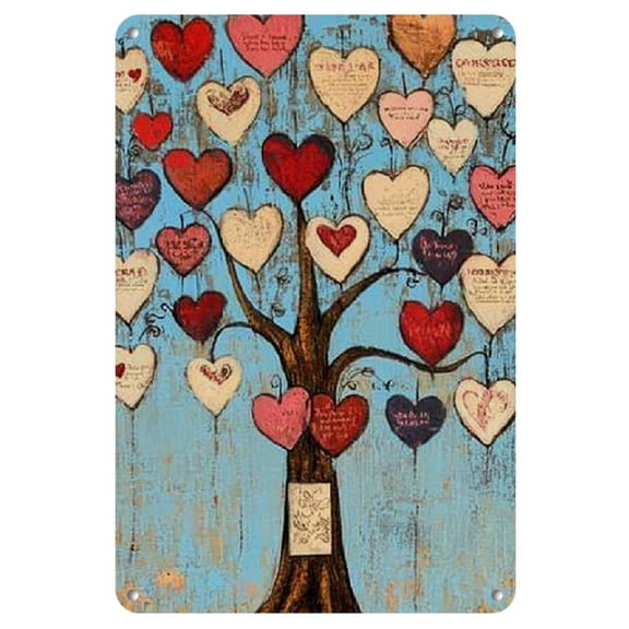 Vintage Valentine's Day Metal Sign - Heart Tree with Love Notes, Retro Tin Wall Decor for Home & Bar, Indoor/Outdoor Romantic Decoration