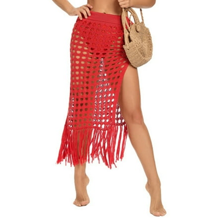 Babysbule Skirt for Women Plus Size Women Solid Swimsuit Bohemian Hollow Weave Tassels Cover Up Bikini Swimwear Beach Cover-Ups Wrap Skirt