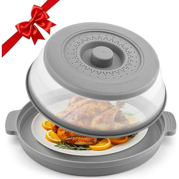 Tapa Anti-salpicaduras para Microondas con Base Antiquemaduras, Plegable y Ventilada 27 cm (Gris) - Cubierta de Silicona y Plástico Libre de BPA
