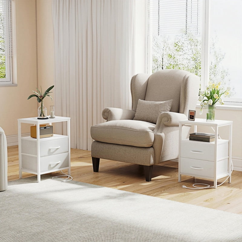 Kelno 2PCS Nightstand with 2 Fabric Drawers Charging Station USB TypeC Outlets Small Bedside Table with Open Storage Shelf, White