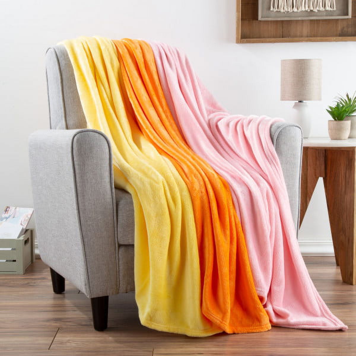 Lavish Home Fleece Throw Blanket- Set of 3- Yellow, Orange & Pink Plush 60x50'