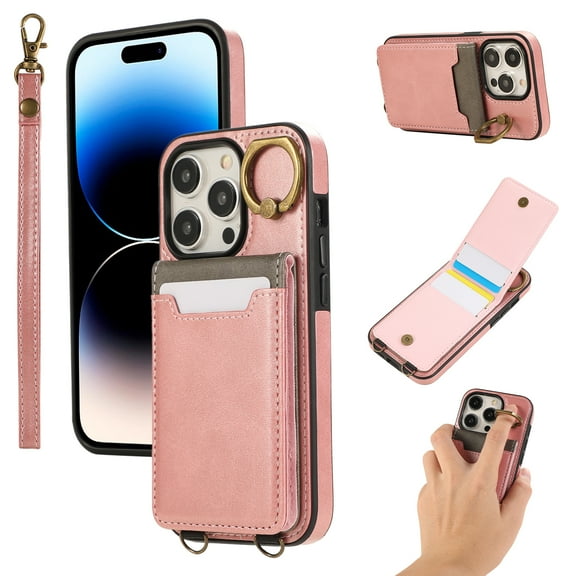 Allytechgroup Wallet Case for iPhone 13 Pro Max with Credit Card Slot, RFID Blocking PU Leather Flip Case with Lanyard & Kickstand Shockproof and Anti-Scratch Bumper for Women Girls, Pink