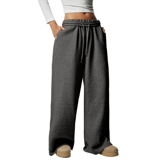 Wlynlyn Sweatpants Women Warm Elastic Waist Inner Drawstring Trousers Casual Solid Loose Fitted Athletic Pants with Pockets