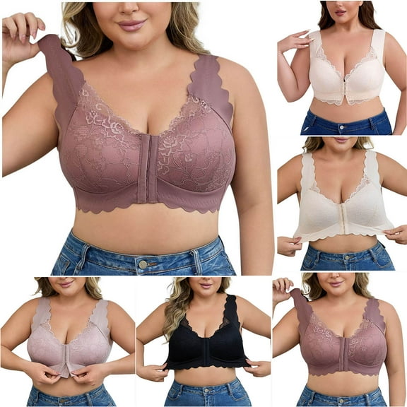 SMihono Front Closure Bras for Women Plus Size No Underwire Full Coverage Push up Bra Support and Lift Padded Lace Bralettes Black XL
