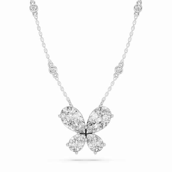 KEEVA JEWELS 4.80 Carat Moissanite Pear & Round Luxury Butterfly Shape Necklace for Women Made in White Gold Plated Silver