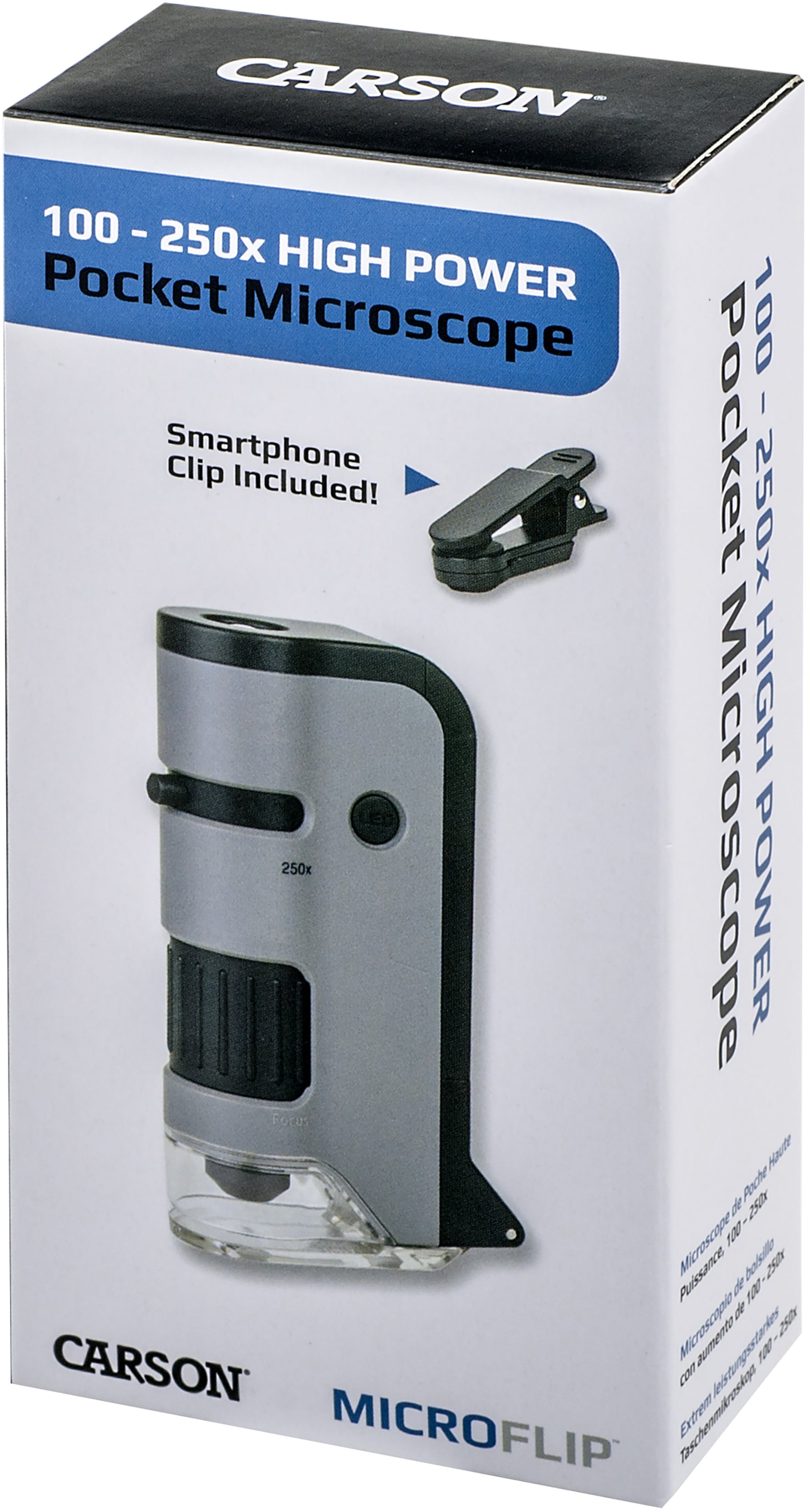 Carson MicroFlip 100x-250x LED and UV Lighted Pocket Microscope with Flip Down Slide Base and Smartphone Digiscoping Clip MP-250 or MP-250MU 