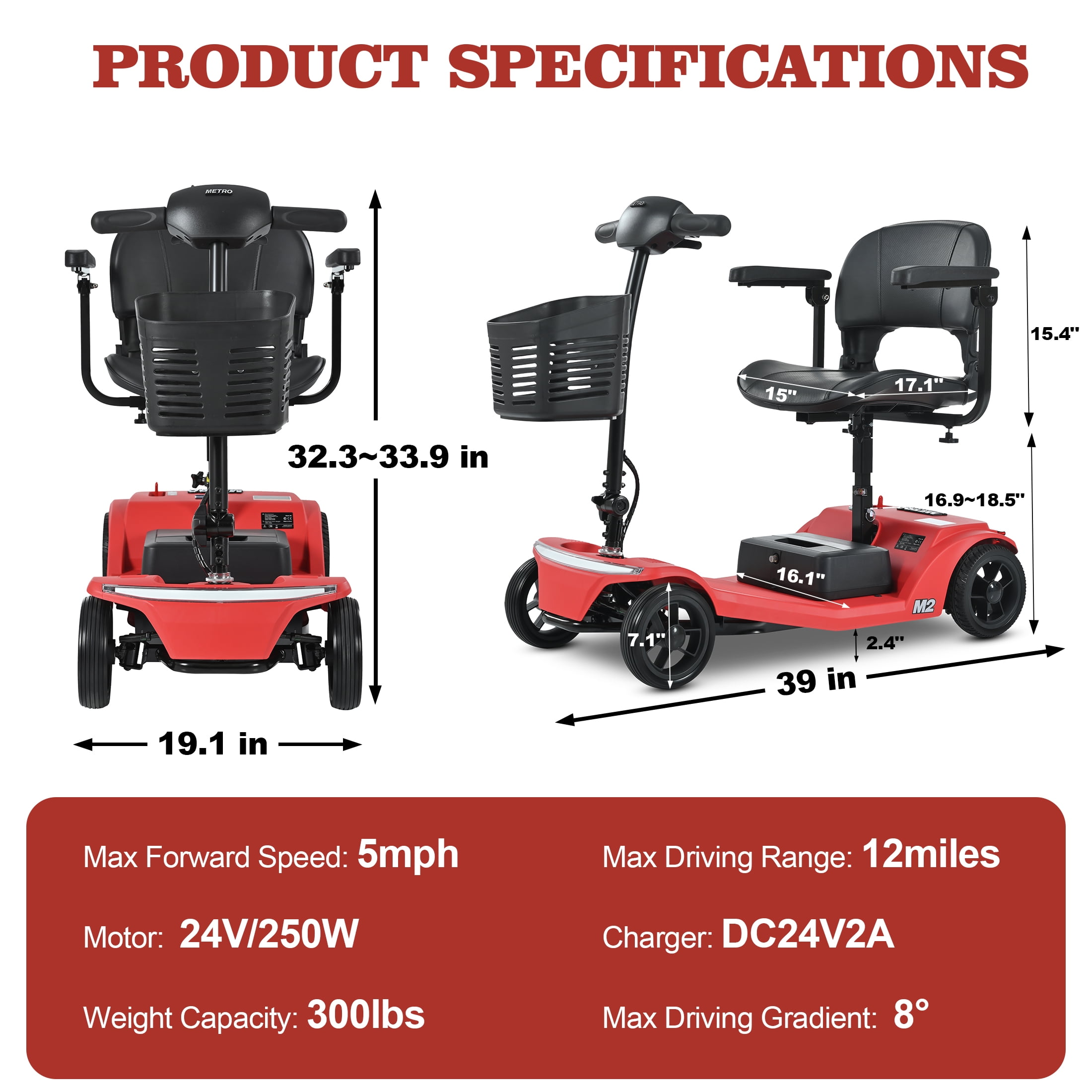 Segmart 4 Wheel Mobile Scooter for Seniors,Collapsible Mobility Wheelchair for Adults, 300lbs, Red