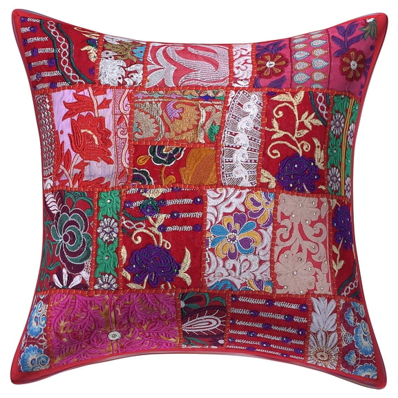 Stylo Culture Indian Cotton Home Decor Throw Pillow Sham Cover Red 20x20 Bohemian Vintage Patchwork Indian Couch Cushion Cover 50 x 50 cm Living Room Abstract Square Pillowcase | 1 Pc