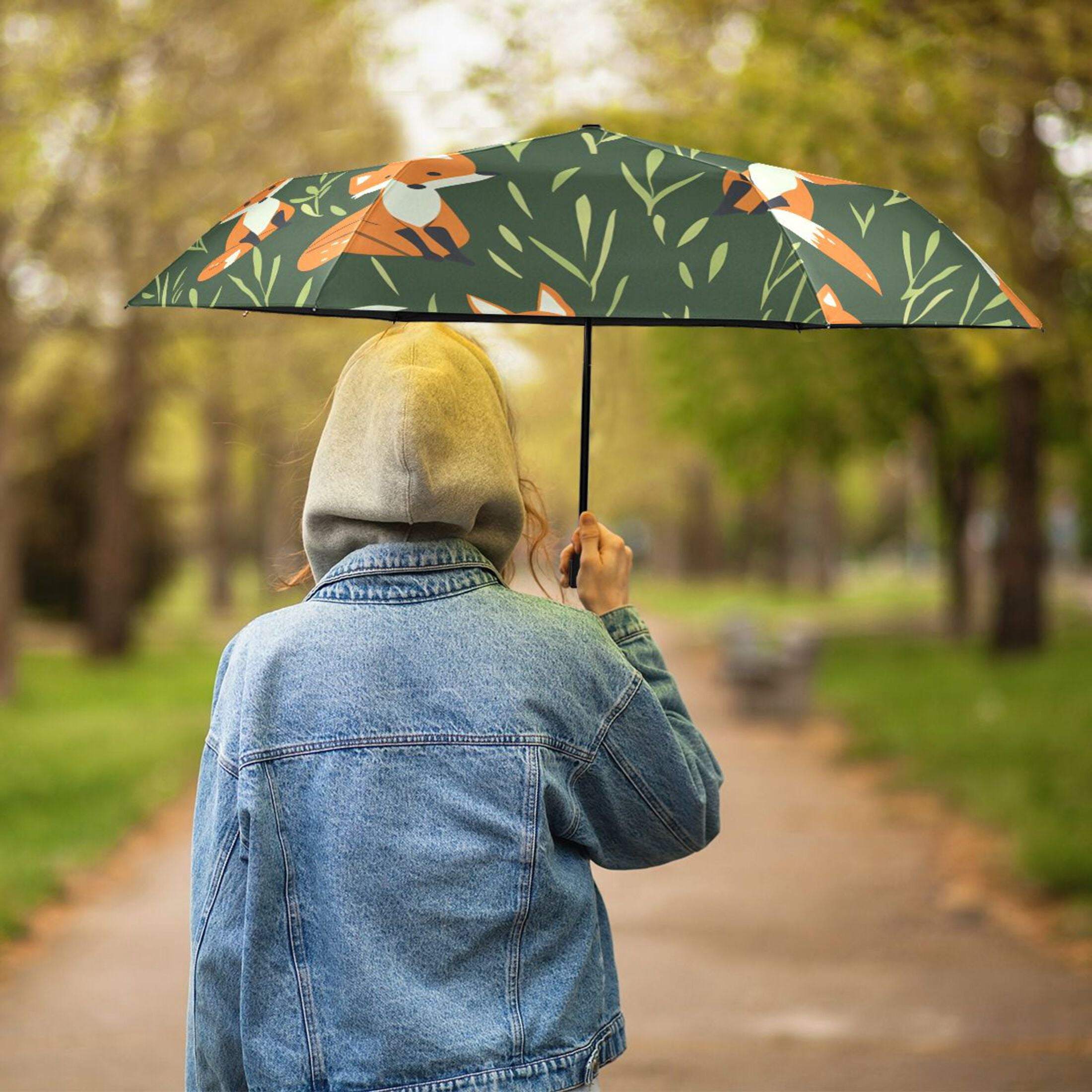 ALAZA Cartoon Foxes UPF 50+ Compact Folding Umbrella for Rain Travel Umbrella Packable
