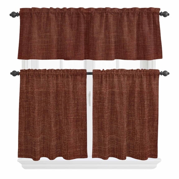 3 Piece Kitchen Curtains and Valances Set Dark Brown Cafe Curtains 24 Inch Length Vintage Country Monochrome Chocolate Color Valance & Tier Curtain for Living Room Bedroom Window 54"x18" 27"x24"*2