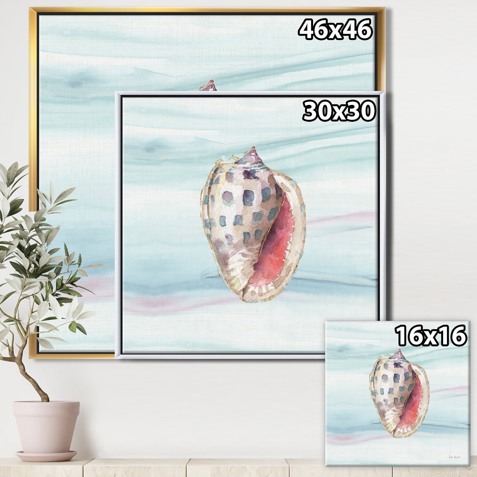 Designart ' Gilded Sea Horn Shell on Blue ' Nautical & Coastal Framed Canvas
