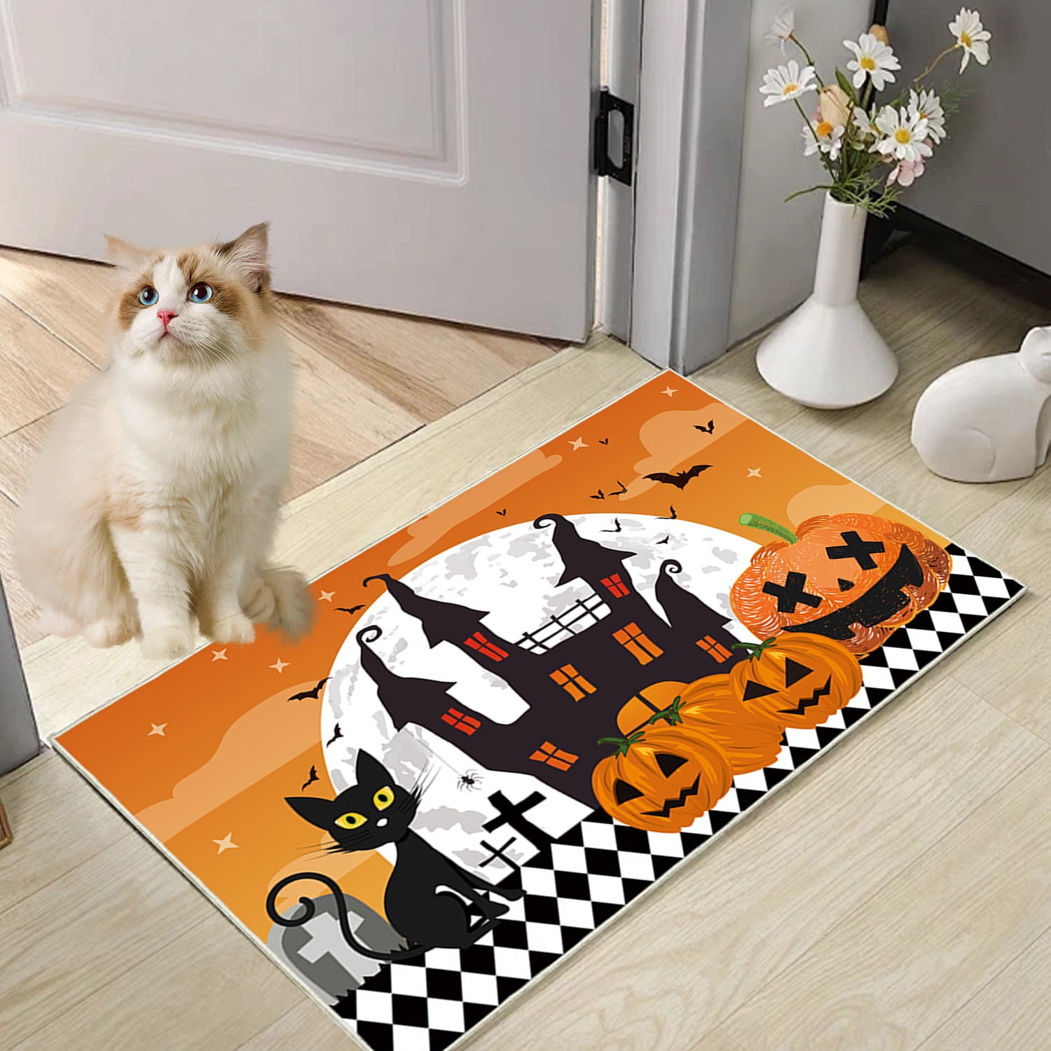 Halloween Doormat Pumpkin Pattern Floor Mat Black Cat 16*24 Non Slip Seasonal Halloween Kitchen Rug, Machine Washable Indoor Rug for the Floor Orange