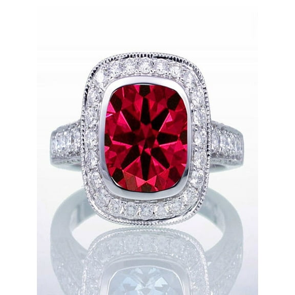 1.5 Carat Cushion Cut Ruby and Diamond Halo Vintage Engagement Ring for Women on 10k White Gold