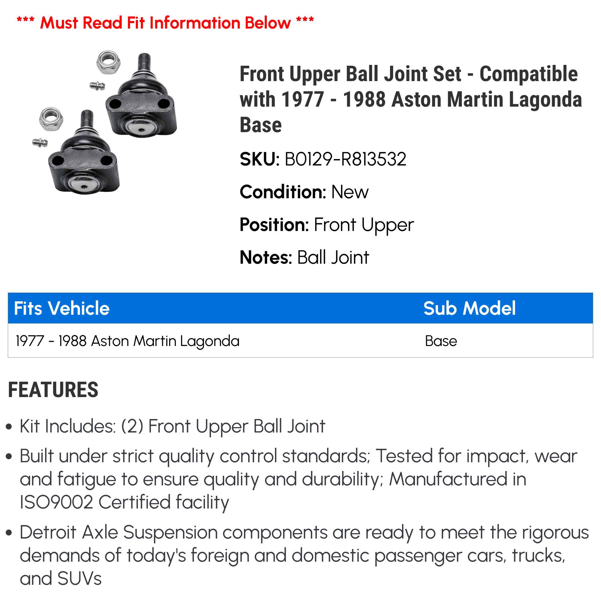 Front Upper Ball Joint Set - Compatible with 1977 - 1988 Aston Martin Lagonda Base 1978 1979 1980 1981 1982 1983 1984 1985 1986 1987