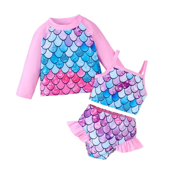 ZXLBBD Girls Swimsuits Three Piece Swimsuit Gradient Fish Scale Print Tankini Top Bottom Cover Up Bathing Suit Quick Drying Fashion Cute Swimwear Size 3 Y-4 Y