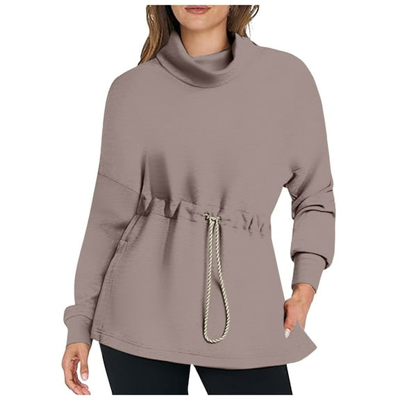 Siilsaa Womens Turtleneck Sweatshirts Drawstring Waist Pullover Tops Loose Fit Long Sleeve Hoodies 2024 Fall Preppy Outfits Red,S