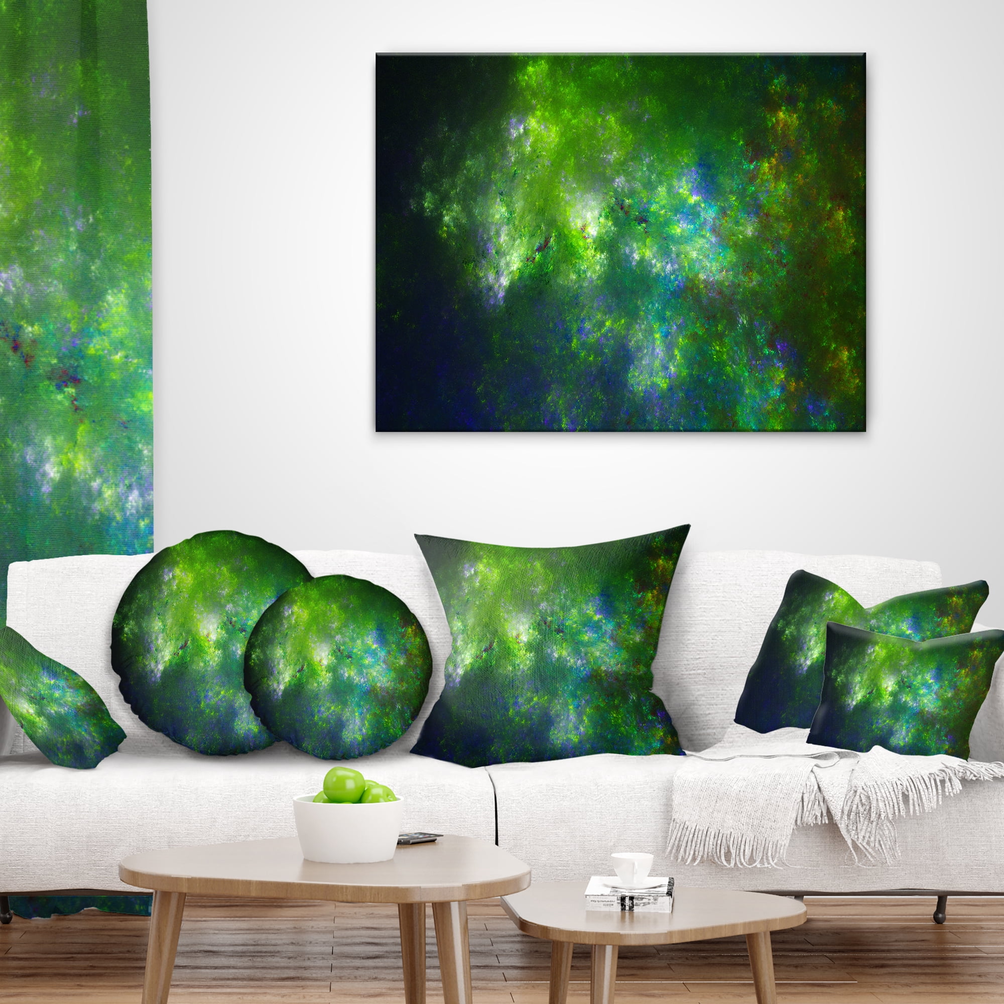 Designart Green Fractal Sky with Blur Stars - Abstract Throw Pillow - 16x16