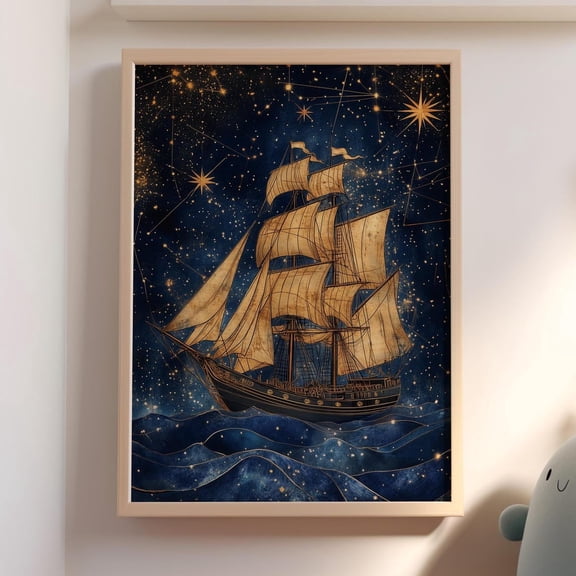 Ancient Sailing Ship In The Sea Of Stars Poster Or Print Celestial Ship Vintage Pirate Ship Blue And Gold Nautical Art Wall Decor Wall Art Modern Wall Decor