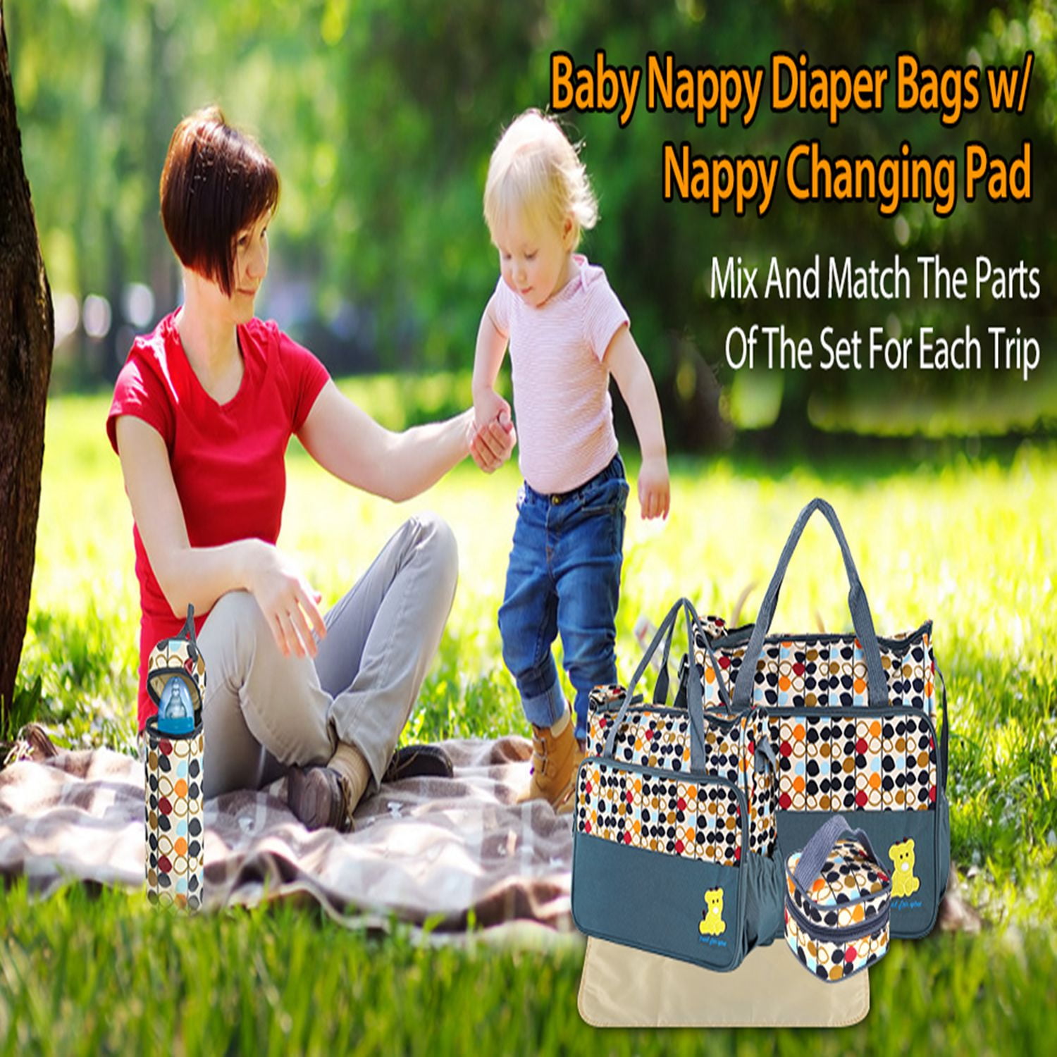 Moclever Baby Diaper Bag Tote Set, 5Pcs Baby Nappy Diaper Bags for Mom and Dad with Nappy Changing Pad Insulated Pockets, Grey