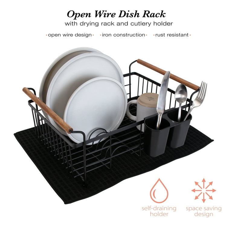 Kitchen Details Acacia Wood Dish Rack with Draining Tray in Black