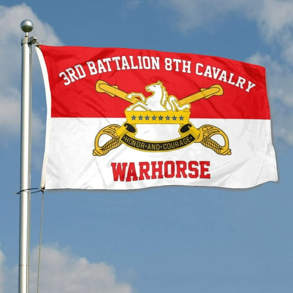 mokarier 3Rd Battalion 8th Cavalry Flag Warhorse Flag Banner Outdoor Indoor Decoration Flag 3x5Feet Double Stitched Polyester with Brass Grommets Red/white