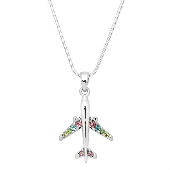 Airplane Pendant Necklace Multicolor Rhinestone Crystal Rhodium Plated 17 Inch Snake Chain J0566-MT