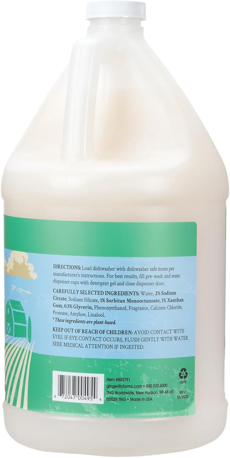 Ginger Lily Farms Botanicals Plant-Based Dishwasher Detergent Gel, 100% Vegan & Cruelty-Free, Basil Scent, 1 Gallon (128 Fl Oz) Refill