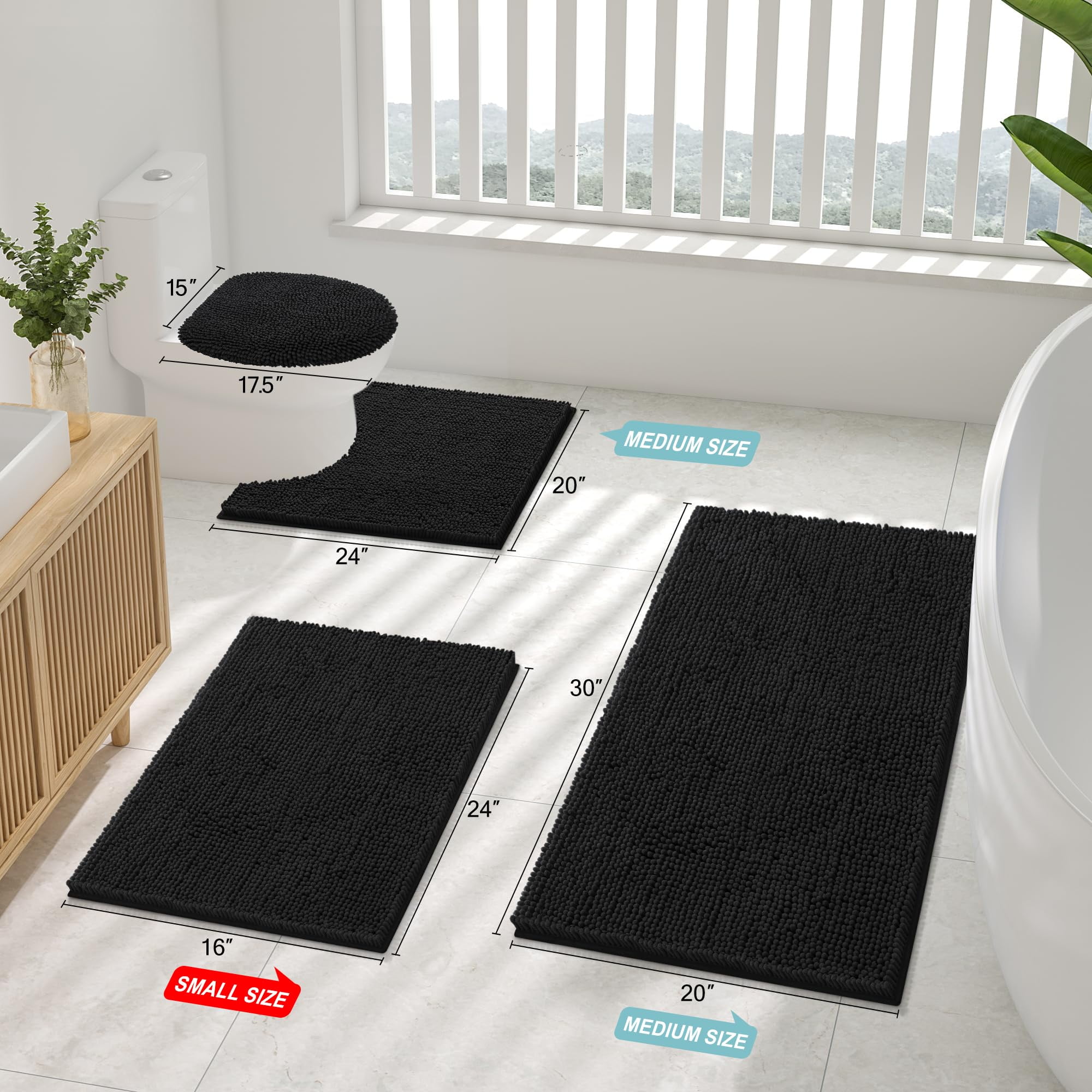 Smiry Bathroom Rugs Sets 2 Piece, Soft Absorbent Chenille Bath Rug Set, Non Slip Machine Washable Shaggy Bath Mats for Tub, Shower, and Floor (30x20+24x16, Black)