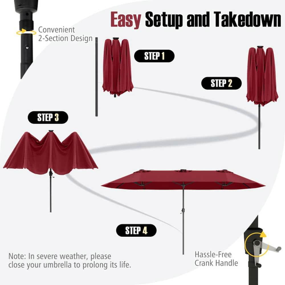 Demifill 15.5 FT Extra-Large Patio Umbrella, Shade with LED Solar Lights and Crank Handle for Outdoor, Red