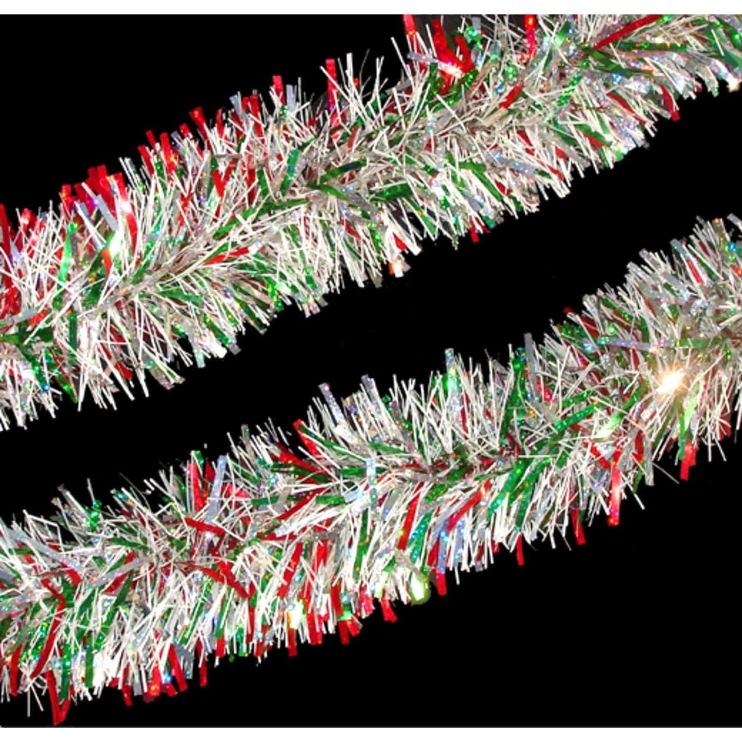 12' Holographic Red Green and Silver Christmas Tinsel Garland Unlit