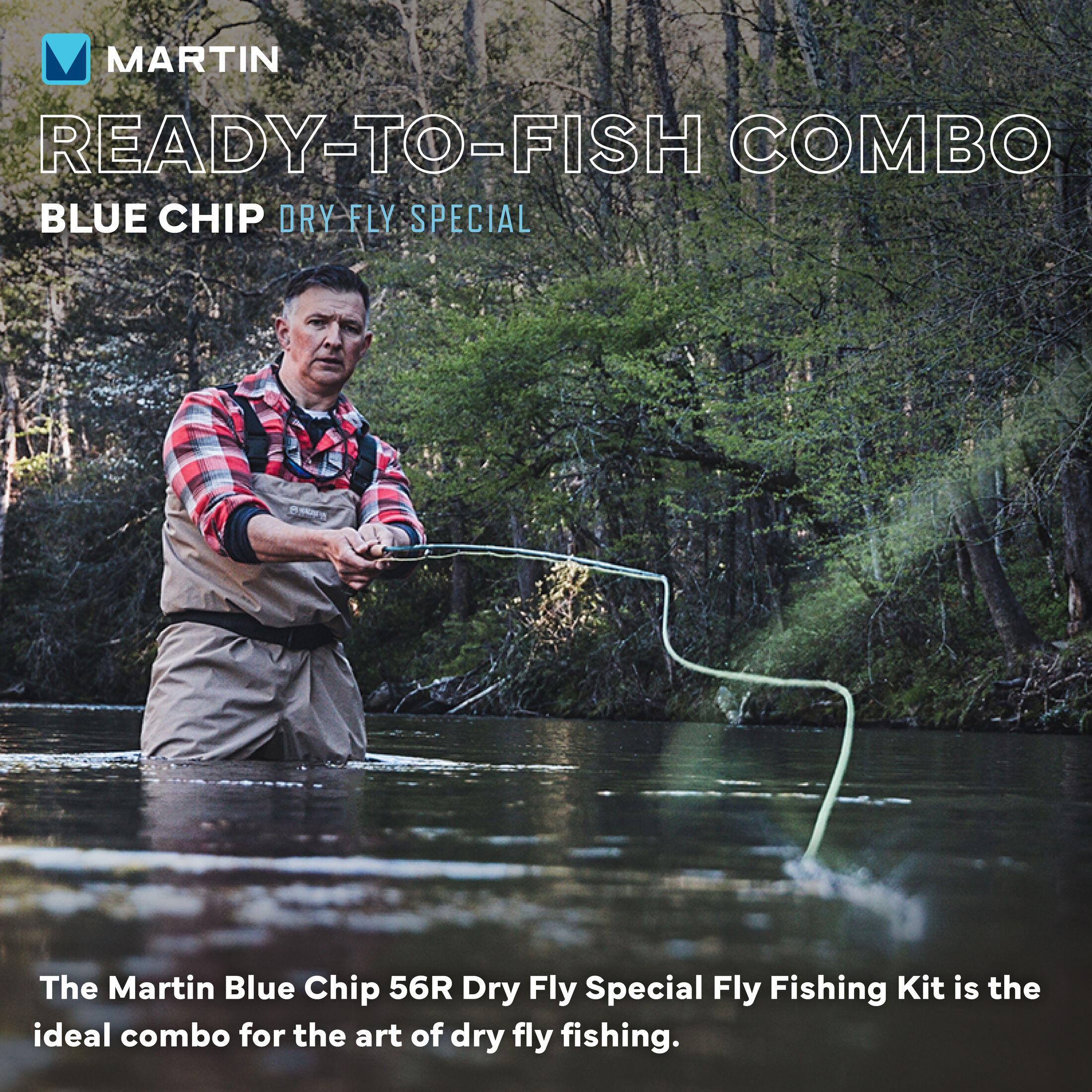 Martin Blue Chip 56R Dry Fly Special Fly Reel and Fishing Rod Combo Kit, 8-Foot 6-Inch 4-Piece Rod, 3-Weight, Aluminum Reel, Weight-Forward Line, Fly Assortment, Semi-Rigid Carrying Case, Blue/Black