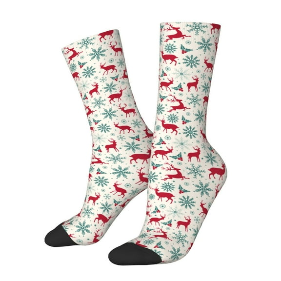 Hirioo Vintage Christmas Reindeer Pattern Adult Middle Tube Socks Breathable Sock Non-Pilling,Contrasting Color Design