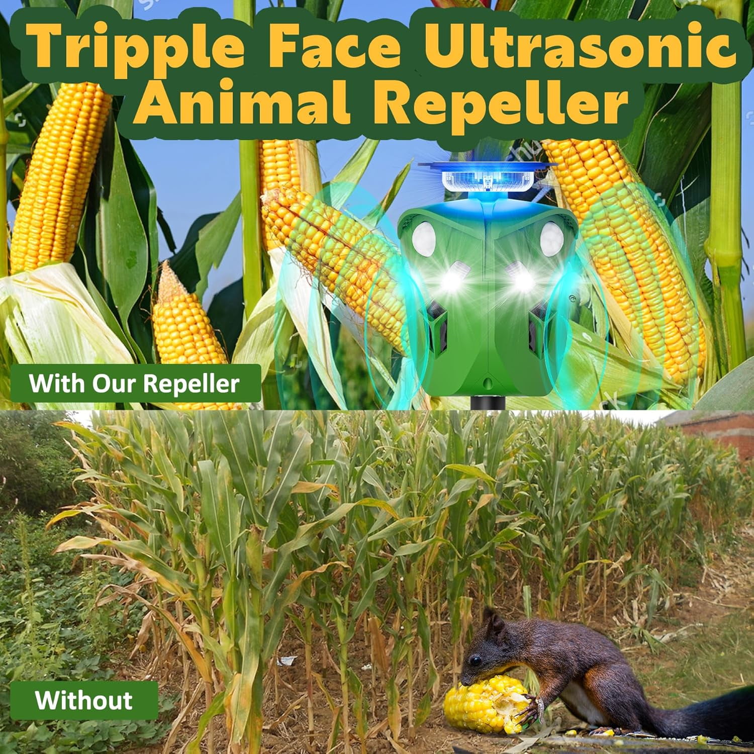 Ultrasonic Solar Powered Deer Repellent Device with PIR Motion Sensor and Strobe Lights 360° Cat Repellent Outdoor Equipped with Dual Charging Methods Outdoor Protection for Gardens, Yards, and Farms