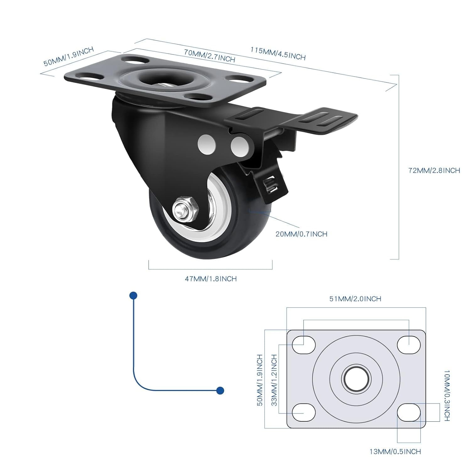MaxxHaul 50685 2" Heavy Duty Locking PU Swivel Casters with Brakes 4 Pieces