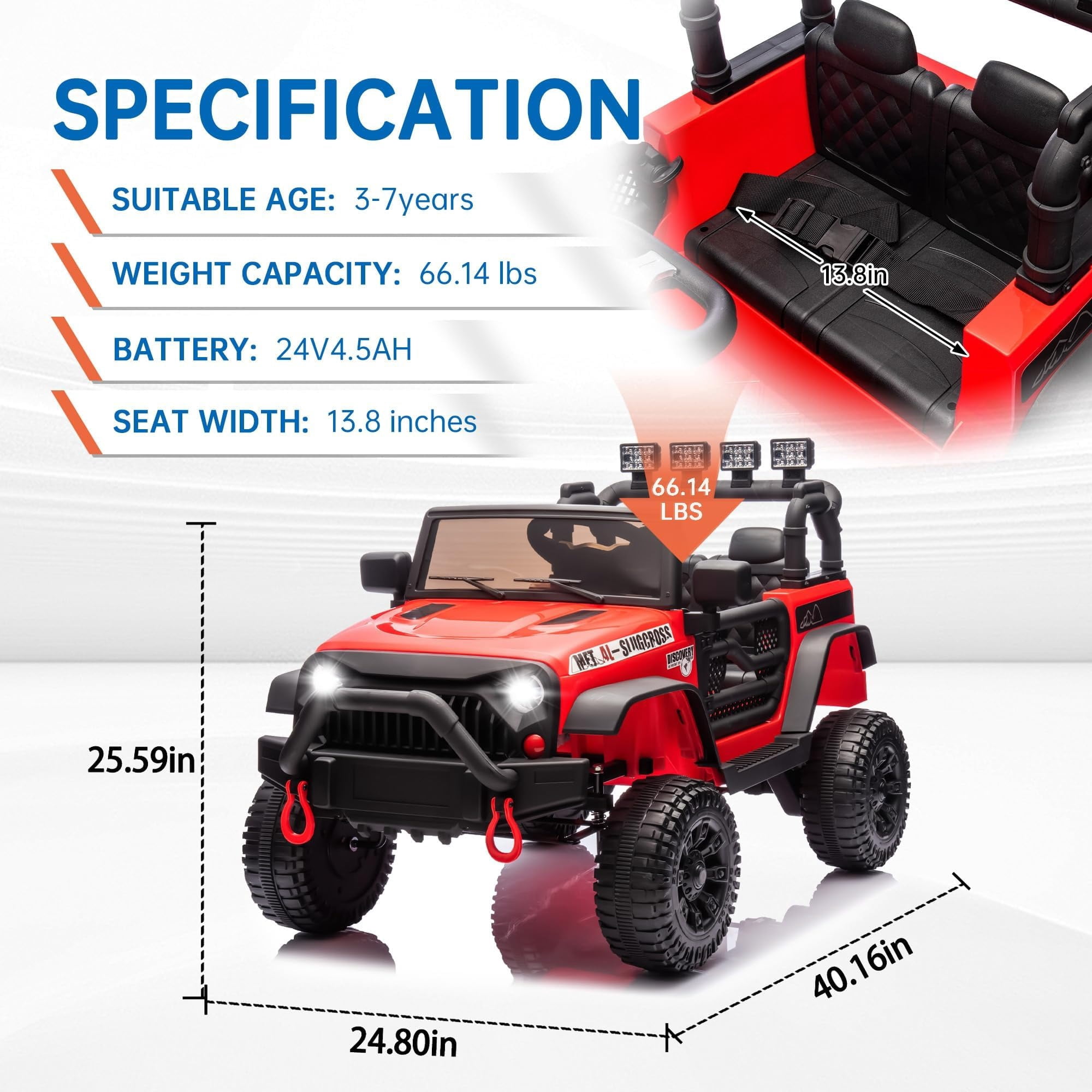 DYNALUNE  24V Kids Ride on Jeep, 400W Battery Powered Car with 4-Wheel Suspension & Music