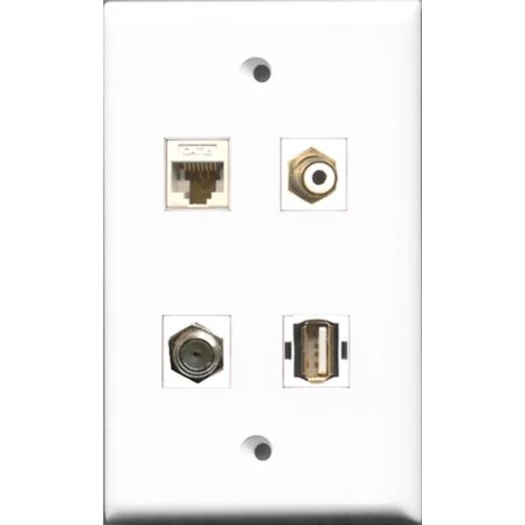 RiteAV 1 Port RCA White and 1 Port Coax Cable TV- F-Type and 1 Port USB A-A and 1 Port Cat6 Ethernet White Wall Plate