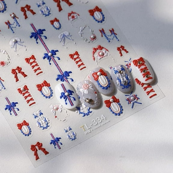 5D Embossed Bows Nail Stickers, Pearl Nail Art Sticker Self-Adhesive Nail Decals for Women Red and Blue Nail Supplies Art Design Stickers