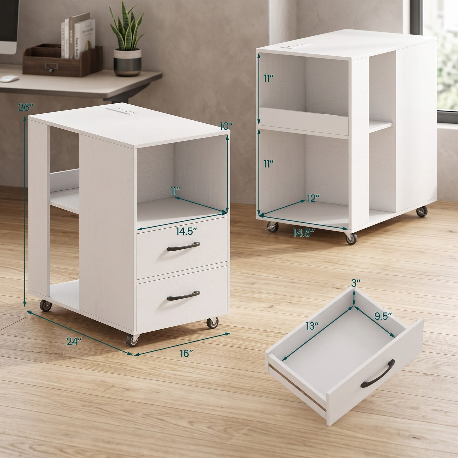 Furnibear End Table with Built-in Charging Station, Sofa Side Bedside Table on Wheels with 2 Drawers and 3 Open Shelves, USB and Type-C Ports, Rolling, White