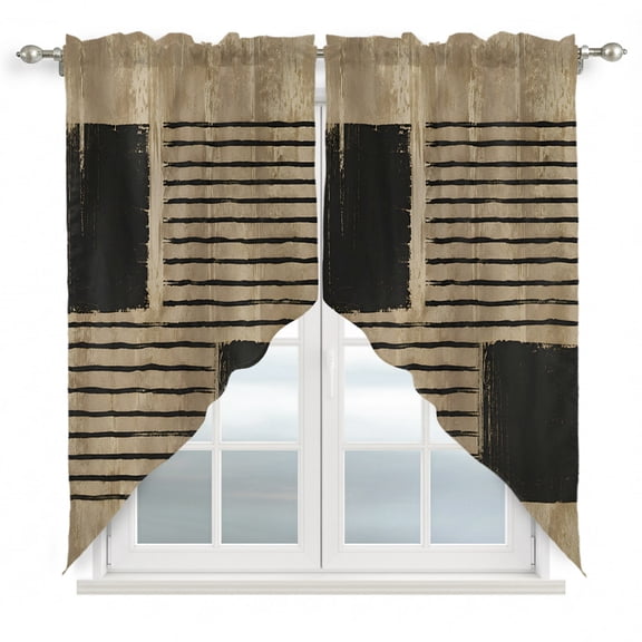 Brown Black Swag Valances for Windows, Kitchen Window Curtains Over Sink, Modern Abstract Striped Art Vintage Window Treatment Curtains for Living Room/Bedroom Curtains 2 Panel Sets 36"x45"