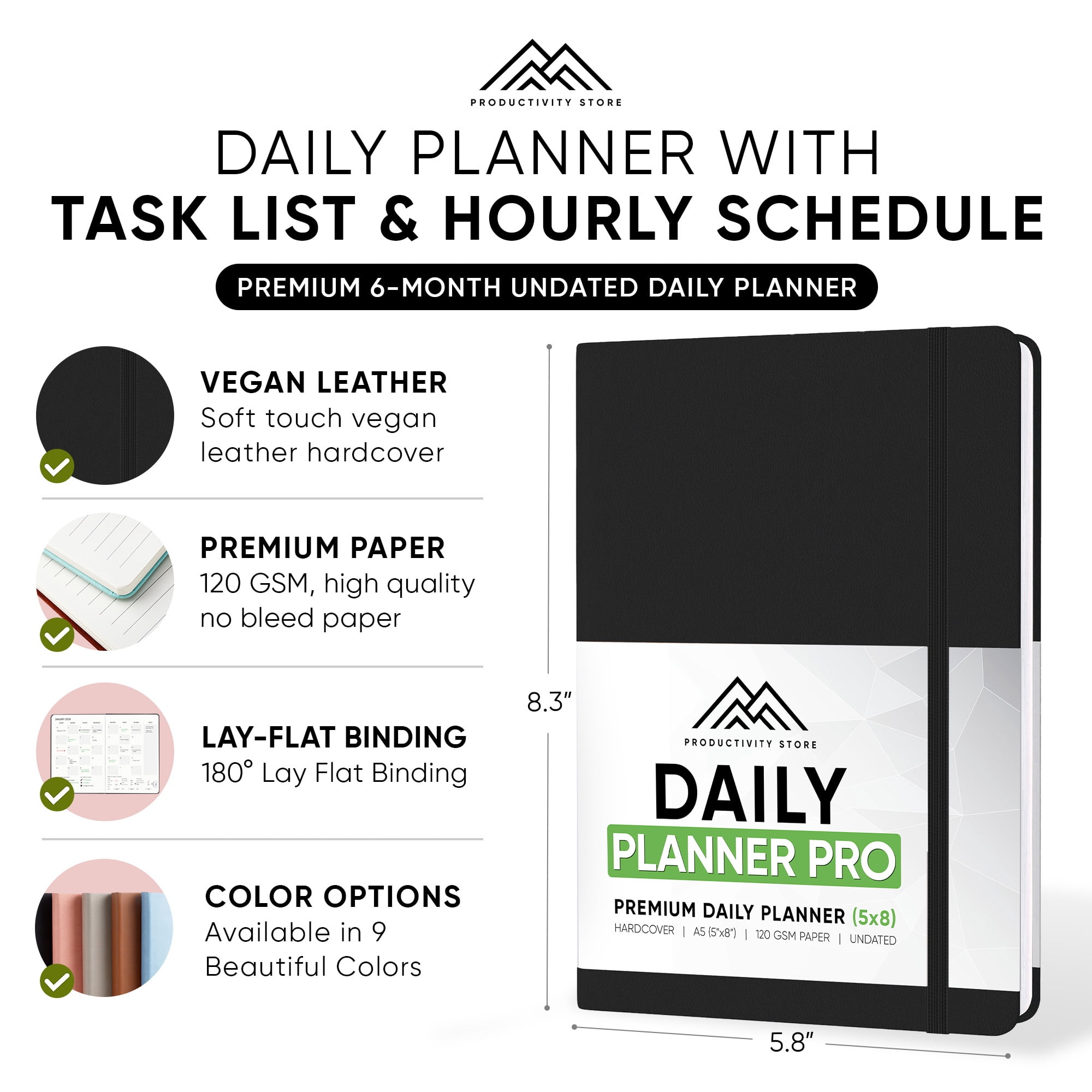 2024 Daily Planner - 6-Month Undated Daily Planner With Daily Tasks, Goals & Schedule - Best Goal Planner For Productivity and Personal Success - A5 5" x 8" Size -  Black -Productivity Store