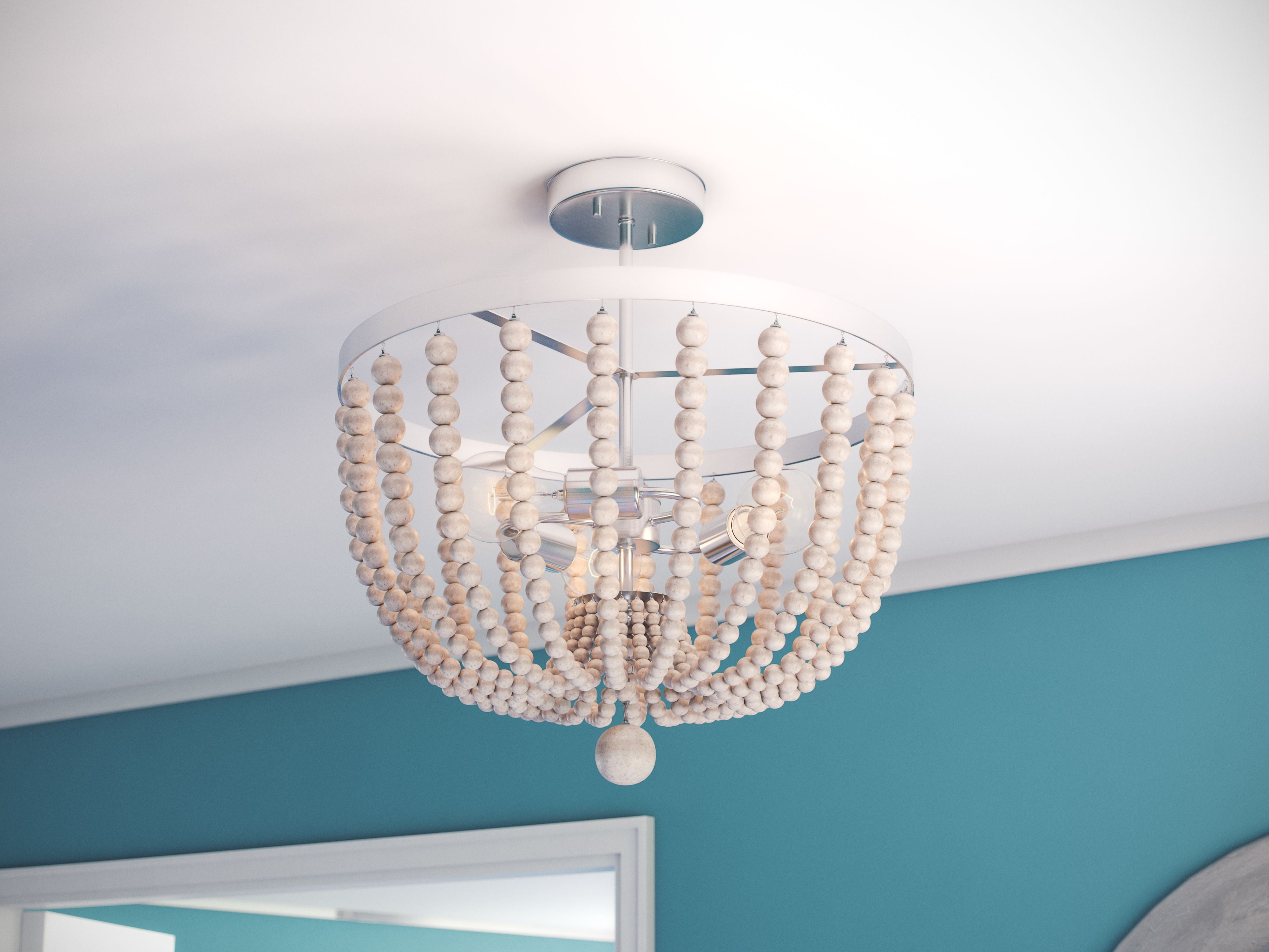 Blue Wood Bead Round Chandelier Ceiling Lamp Flush Mount Lighting Fixture Decor 