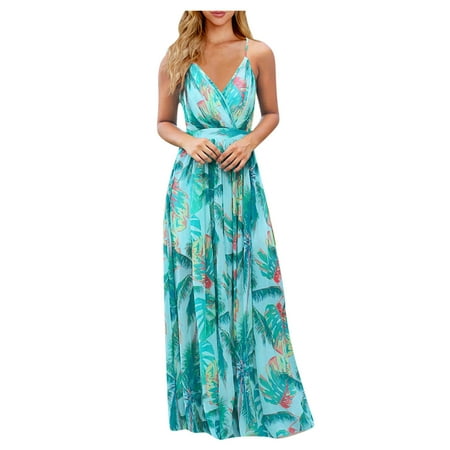 VUPSGEZ Women Floral Sexy Backless Evening Party Beach Long Maxi Dresses Boho Sundress (Sky Blue XL)