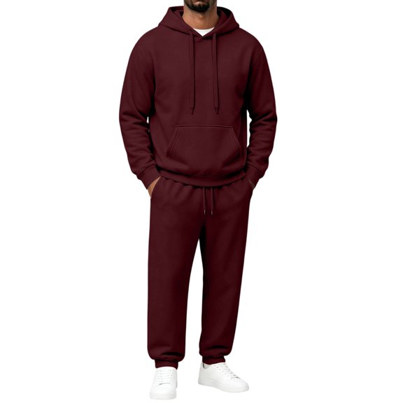 Garbnen Fleece Mens 2 Piece Hoodie Jogger Set Solid Color Casual Hoodie Sweatshirt and Joggers Sweatpants Sets Workout Athletic Warm Plush Track Suits Mens Wine